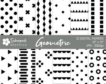 Black and White Geometric Digital Paper Pack, Seamless Scandi Patterns, Scrapbook Papers and Backgrounds, Polka Dots, Triangles / SP005