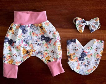 French Bulldog Baby Harem Pants Set: Floral Dog Print, Bib & Headband/ Baby Outfit
