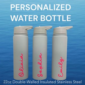 Personalized Insulated White Metal Water Bottle,CustomTumbler,Beach Inspired,Bridesmaids,Tropical Themed Gift,Bachelorette Gift USA Hot Pink
