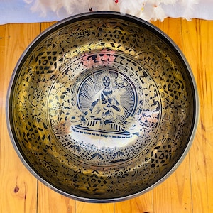 large singing bowl-Tibetan singing bowl-Green tara carved Handmade singing bowl-Extra large singing bowl for Sound bath