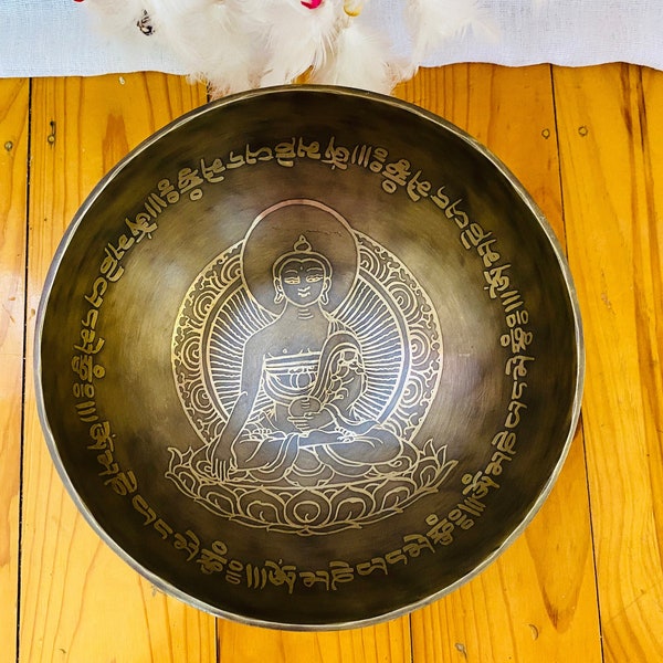 8 inches Diameter Beautiful Buddha carved singing bowl- long lasting handmade from Nepal- deeply cleansing negative energy- Mantra carved
