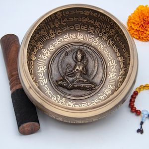 Green Tara Embossed Singing Bowl: Handmade Mantra Bowl, 6-inch