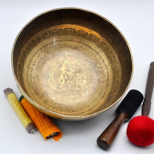 Green Tara Carved Singing Bowl (11 inches) - Chakra Healing, Meditation