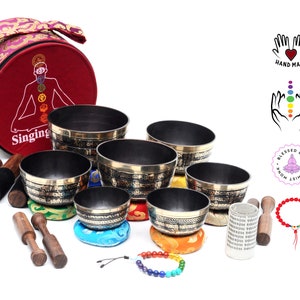 Mantra Carved singing Bowl set of 7-7 chakra carved singing bowl set for healing and Meditation, Balance chakra, Mindfulness-set of 7