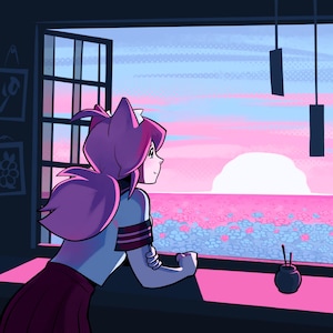 Op de afbeelding: Een digitale illustratie van een personage met roze haar dat uit een open raam kijkt naar een zonsondergang boven een veld met blauwe en roze bloemen. Een kleine donkere pot met twee dunne penselen staat op de vensterbank.
