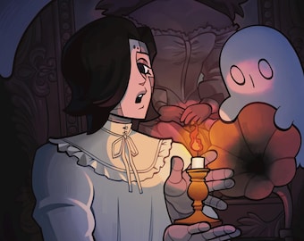 May include: A digital illustration featuring a person with dark hair wearing a white ruffled collar shirt, holding a lit candle in a gold holder. Beside them is a small white ghost and a gramophone. A portrait of a person hangs in the background.