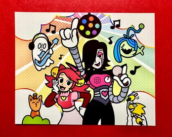 May include: A colorful illustration of a group of cartoon characters, including a robot with a pink heart on its chest, a girl with red hair and a pink dress, a ghost with headphones, a green creature with a blue tail, and a yellow creature with a microphone. The background is a rainbow with musical notes.