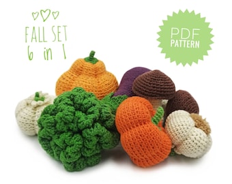 Crochet VEGETABLES patterns 6 in1: mushroom, garlic, broccoli, eggplant, pumpkins. Amigurumi FOOD SET patterns. Crochet play food patterns.