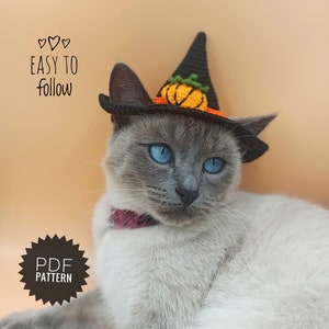 WITCH HAT for cat crochet pattern PDF - instructions for cat witch hat costume with chin straps / ear holes. Crochet Halloween idea for cats