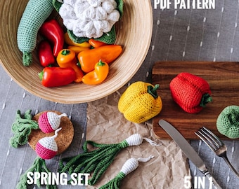 Crochet VEGETABLES patterns PDF: cauliflower, marrow, green onion, radish, bell pepper. Cute food crochet pattern. Crochet amigurumi pattern