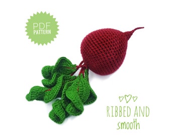 May include: A crocheted beet with green leaves. The beet is red and the leaves are green. The text "Ribbed and smooth" is written below the beet.
