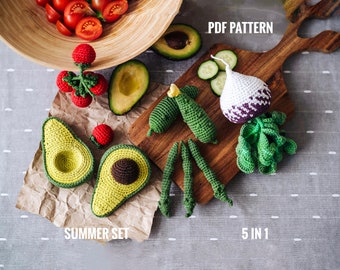 GEMÜSE Häkelanleitung 5 in 1: Avocado, grüne Bohnen, Cherrytomaten, Gurke, Rübe. Set Muster gehäkelt. Häkelanleitungen PDF