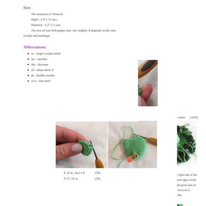 May include: Crochet pattern instructions for making a green broccoli amigurumi. The pattern includes a close-up of the crochet stitches and the finished product.