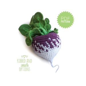 May include: Crochet pattern for a purple and white turnip with green leaves. The pattern includes both ribbed and smooth options. PDF pattern.