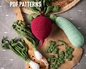 No Sew Garden Harvest Bundle 4-in-1 -  Zucchini, Beetroot, Spring Onion, Parsley. Vegetable Crochet Patterns
