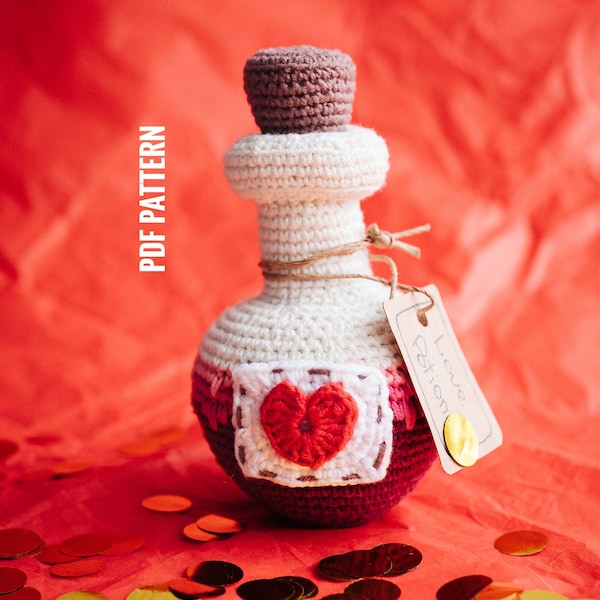 LOVE POTION amigurumi toy pattern PDF - Valentine crochet pattern. Amigurumi Crochet Pattern. Love potion bottle diy. Valentines day gift