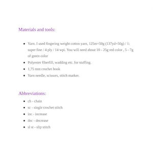 Puede incluir: Lista de materiales y herramientas para un proyecto de crochet. Hilo, gancho de crochet, aguja, tijeras, marcador de punto, relleno de fibra de poli&eacute;ster y abreviaturas para los puntos de crochet se enumeran.