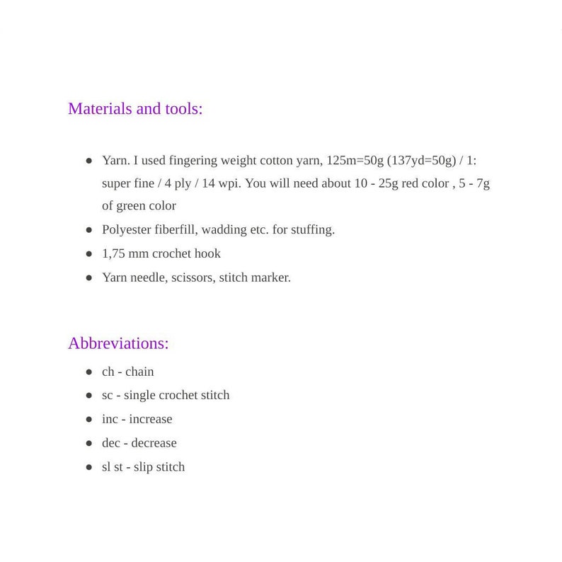 Puede incluir: Lista de materiales y herramientas para un proyecto de crochet. Hilo, gancho de crochet, aguja, tijeras, marcador de punto, relleno de fibra de poli&eacute;ster y abreviaturas para los puntos de crochet se enumeran.