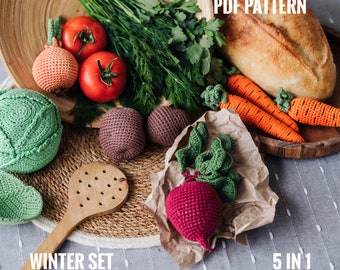 Crochet VEGETABLES Pattern 5-in-1: cabbage, beet, onion, carrot and potato. Amigurumi Farmer's Market PDF