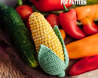 CORN Crochet Pattern - Amigurumi corn on the cob pattern. Crochet vegetables patterns. Crochet Play Food Patterns. Play food corncob pattern