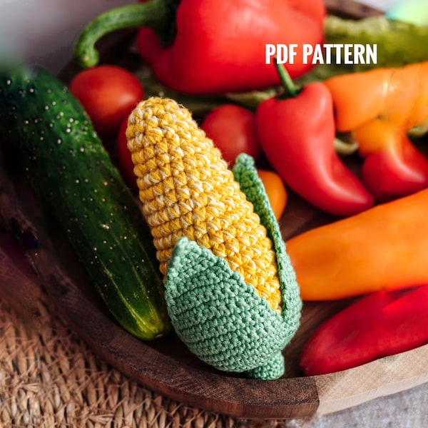 CORN Crochet Pattern - Amigurumi corn on the cob pattern. Crochet vegetables patterns. Crochet Play Food Patterns. Play food corncob pattern