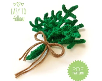 May include: A green crocheted sprig of greenery tied with brown twine. The text "EASY TO FOLLOW" is written above the sprig. A green starburst with the text "PDF PATTERN" is in the lower right corner of the image.