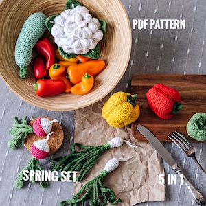 May include: A set of five crocheted amigurumi vegetables, including a cauliflower, bell pepper, zucchini, radish, and green onion. The vegetables are arranged on a wooden cutting board and a brown paper bag. The text "PDF PATTERN" and "SPRING SET 5 IN 1" are visible in the image.
