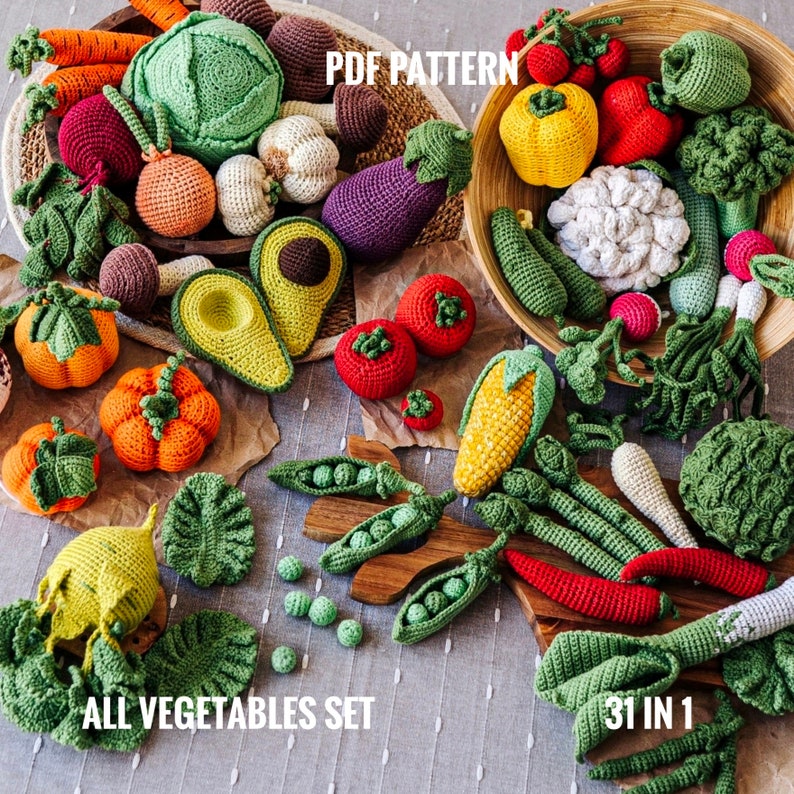 May include: A set of 31 crochet vegetable amigurumi patterns. The patterns include a variety of vegetables, such as carrots, tomatoes, avocados, corn, and peppers. The patterns are available as a PDF download.  PDF PATTERN ALL VEGETABLES SET 31 IN 1