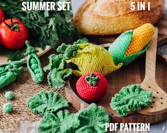 VEGETABLES crochet patterns PDF - kohlrabi cabbage, tomato, peas in a pod, corn on the cob, lettuce. Food crochet pattern. Play food pattern