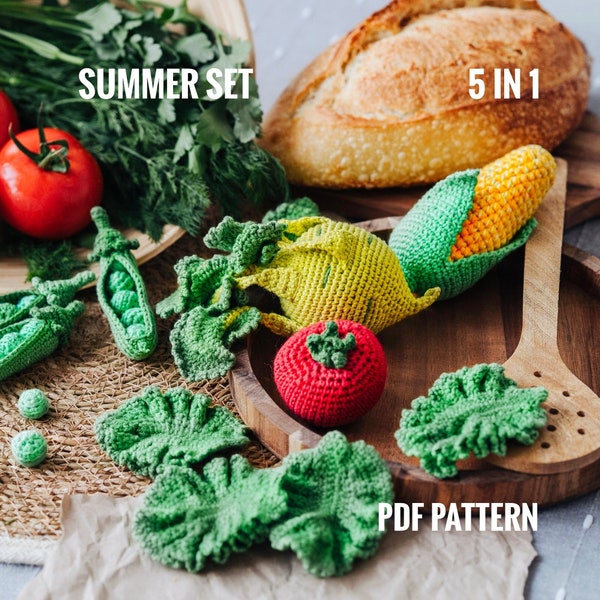 VEGETABLES crochet patterns PDF - kohlrabi cabbage, tomato, peas in a pod, corn on the cob, lettuce. Food crochet pattern. Play food pattern