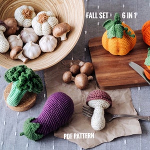 Schemi di VERDURE all&#39;uncinetto 6 in 1: funghi, aglio, broccoli, melanzane, zucche. Modelli Amigurumi SET CIBO. Modelli di cibo per giocare all&#39;uncinetto.