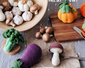 Crochet VEGETABLES patterns 6 in1: mushroom, garlic, broccoli, eggplant, pumpkins. Amigurumi FOOD SET patterns. Crochet play food patterns.