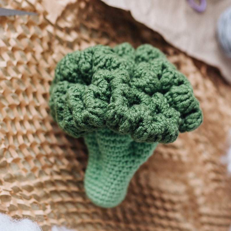 May include: A green crocheted broccoli toy. The broccoli is made with a textured yarn and has a realistic shape.