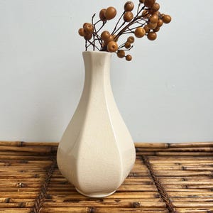 May include: A cream-coloured ceramic vase with a hexagonal shape and a visible crackle glaze finish. The vase features a narrow neck and a wider base, containing a cluster of dried brown berries on thin, dark, branching stems extending upwards.