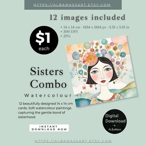 Whimsical Sisters Combo Watercolour Cards - Set of 12 Printable Designs, 14 x 14 cm