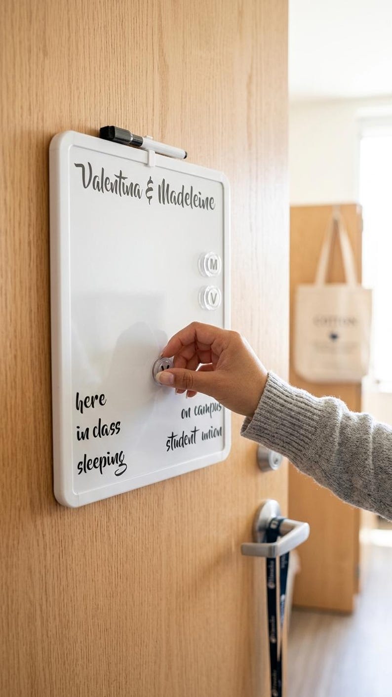 May include: A white magnetic dry-erase board with a black frame, featuring the text "Valentina & Madeleine" at the top and a list of locations including "here," "in class," "sleeping," "on campus," and "student union." A black marker is attached.