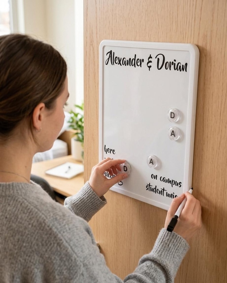 May include: A rectangular white magnetic dry erase board with a white frame. The board features the printed text Alexander & Dorian at the top, with the words here, sleep, on campus, and student union below. Four clear circular magnets with letters are attached.