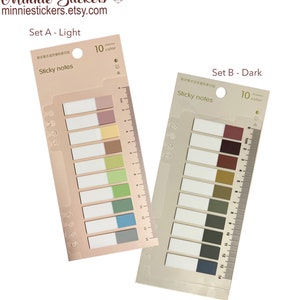 May include: Two sets of sticky notes, labeled "Set A - Light" and "Set B - Dark." Each set contains 10 color-coded sticky notes with a ruler printed on the side. The text "Sticky notes" is visible on each set. The website minniestickers.etsy.com is also visible.