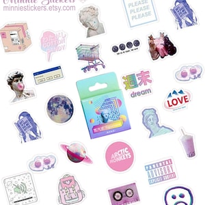 May include: A set of colorful stickers featuring various designs, including a shopping cart, a moon, a cloud with two eggs, a planet, a cassette tape, a backpack, a sad face, a cup with a straw, a cat, a bust of a woman, a window, a box, a text bubble with the word "LOVE", a text bubble with the words "週末 dream", a text bubble with the words "わたがし COTTON CANDY", a text bubble with the words "PLEASE PLEASE PLEASE", a text bubble with the words "ARCTIC MONKEYS", a text bubble with the words "PARENTAL ADVISORY EXPLICIT CONTENT", and a text bubble with the words "蒸汽波 Vaporwave".