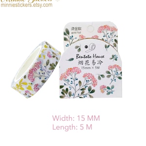 Botanical Foil Washi Tape, Floral Gold Foil Washi, Pink Flowers Washi Tape MS-239