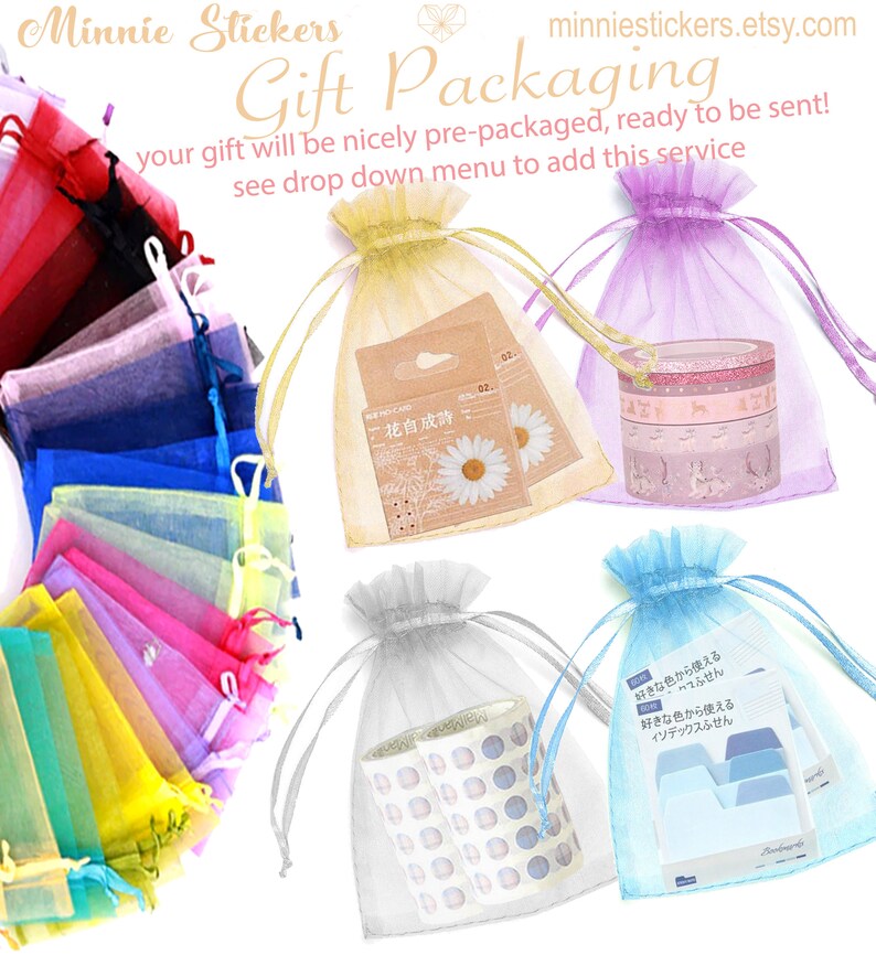 May include: An assortment of colourful organza bags filled with various items, including stickers, washi tape, and index cards. The bags are ready to be used for gift packaging.
