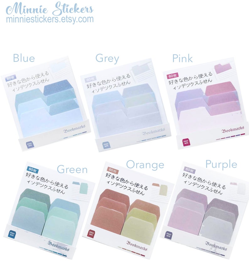 Puede incluir: Un conjunto de seis paquetes de pesta&ntilde;as de &iacute;ndice de colores, cada paquete contiene 60 pesta&ntilde;as. Los colores son azul, gris, rosa, verde, naranja y morado. Cada paquete tiene el texto "60枚 好きな色から使える インデックスふせん" que se traduce como "60 piezas, usa tu color favorito, pesta&ntilde;as de &iacute;ndice".