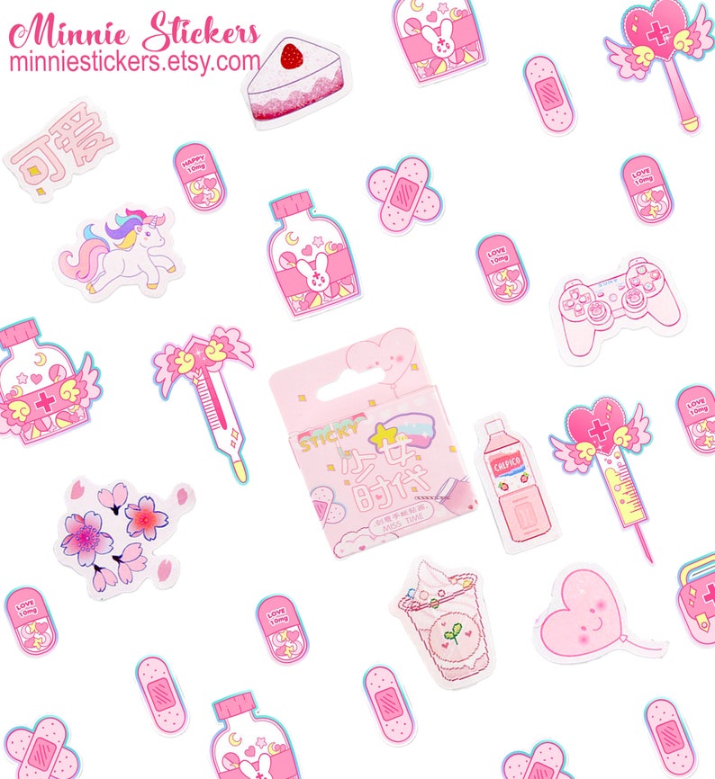 46pcs Kawaii Pink Sticker Set, Cute Girl Pink Stickers, Cute Sticker Set, Planner, Journal, Diary Stickers MS-100 image 2