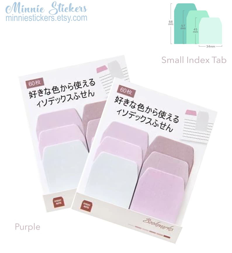 Puede incluir: Dos paquetes de pesta&ntilde;as de &iacute;ndice de color p&uacute;rpura con esquinas redondeadas. Cada paquete contiene 60 pesta&ntilde;as y tiene el texto "好きな色から使える イソデックスふせん" que se traduce como "Utiliza tus pesta&ntilde;as de &iacute;ndice de color favorito". El texto "Bookmarks" est&aacute; en la parte inferior del paquete de la derecha.