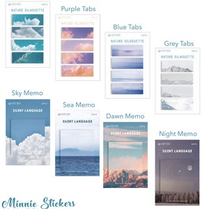 May include: Assortment of colourful memo pads with nature-themed designs. Teal, purple, blue, and grey tabs with nature silhouettes. Sky, sea, dawn, and night memos with silent language text.