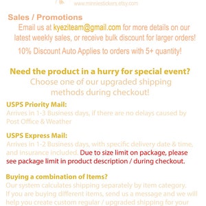Puede incluir: Texto sobre un fondo blanco con el t&iacute;tulo "Minnie Stickers" y la direcci&oacute;n del sitio web "www.minniestickers.etsy.com". El texto a continuaci&oacute;n describe las ventas y promociones, las opciones de env&iacute;o y la informaci&oacute;n sobre la compra de varios art&iacute;culos.