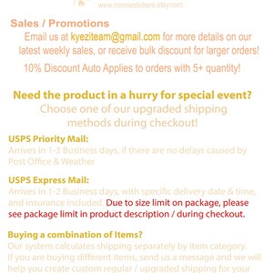 May include: Text overlay on a white background with the title "Minnie Stickers" and the website address "www.minniestickers.etsy.com". The text below the title describes sales and promotions, including a 10% discount for orders of 5 or more items. The text also describes shipping options, including USPS Priority Mail and USPS Express Mail.