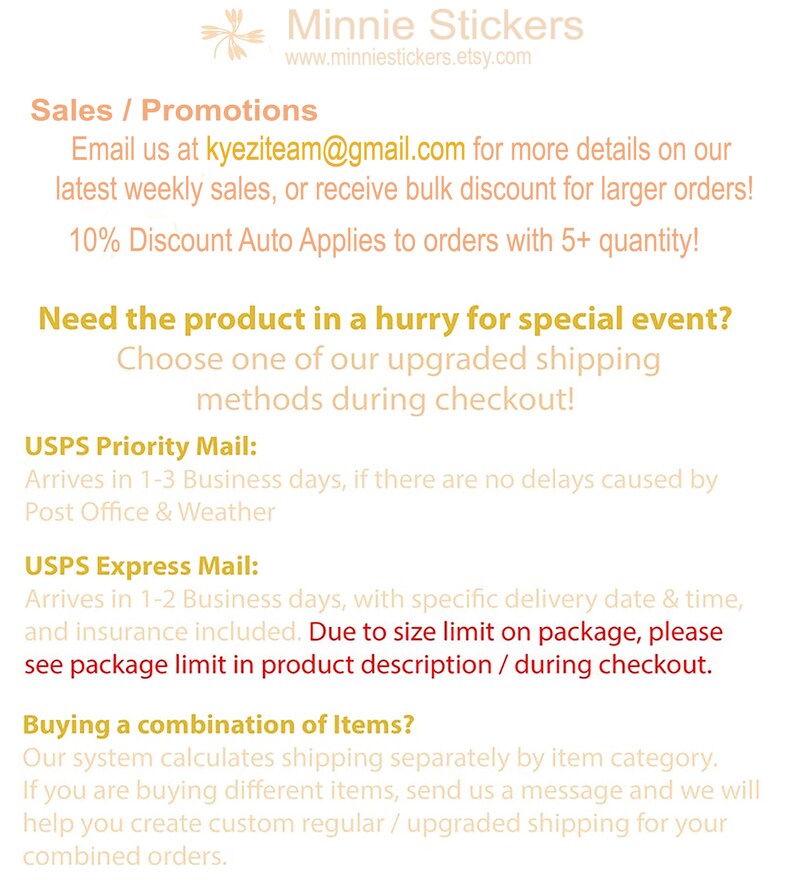 May include: Text overlay on a white background with the title "Minnie Stickers" and the website address "www.minniestickers.etsy.com". The text below the title describes sales and promotions, including a 10% discount for orders of 5 or more items. The text also describes shipping options, including USPS Priority Mail and USPS Express Mail.