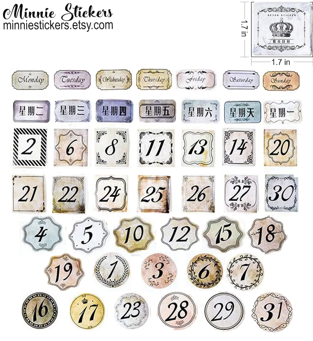 Vintage Number Stickers 45pcs Calendar Stickers Set Date Sticker