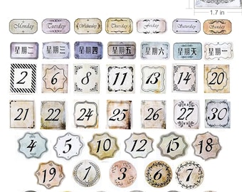 Vintage Number Stickers, 45pcs Calendar Stickers Set, Date Sticker, Scrapbook Sticker Pack, Planner Accessories, Journal Stickers MS-36